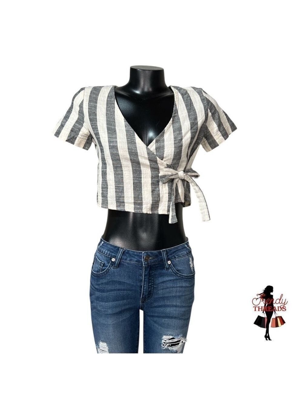121 Ecote NEW Cotton Wrap Crop Top SMALL Cropped Short Sleeve Shirt Stripes Boho